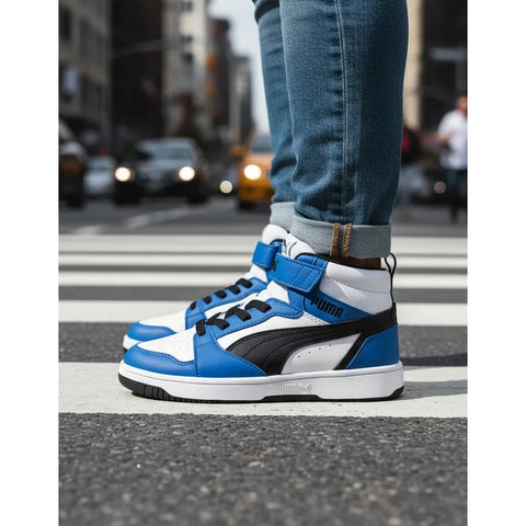 Tenis Puma Rebound V6 Mid Kids Blanco Azul Niños 393832 06